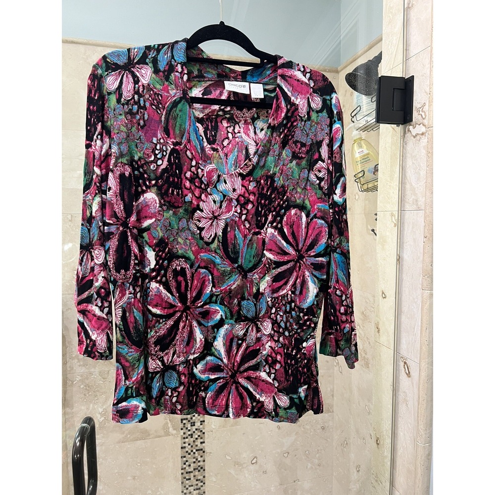 Chico's Travelers Size 3 Tunic Top Colorful Hibiscus Floral XL 16 Pink Green